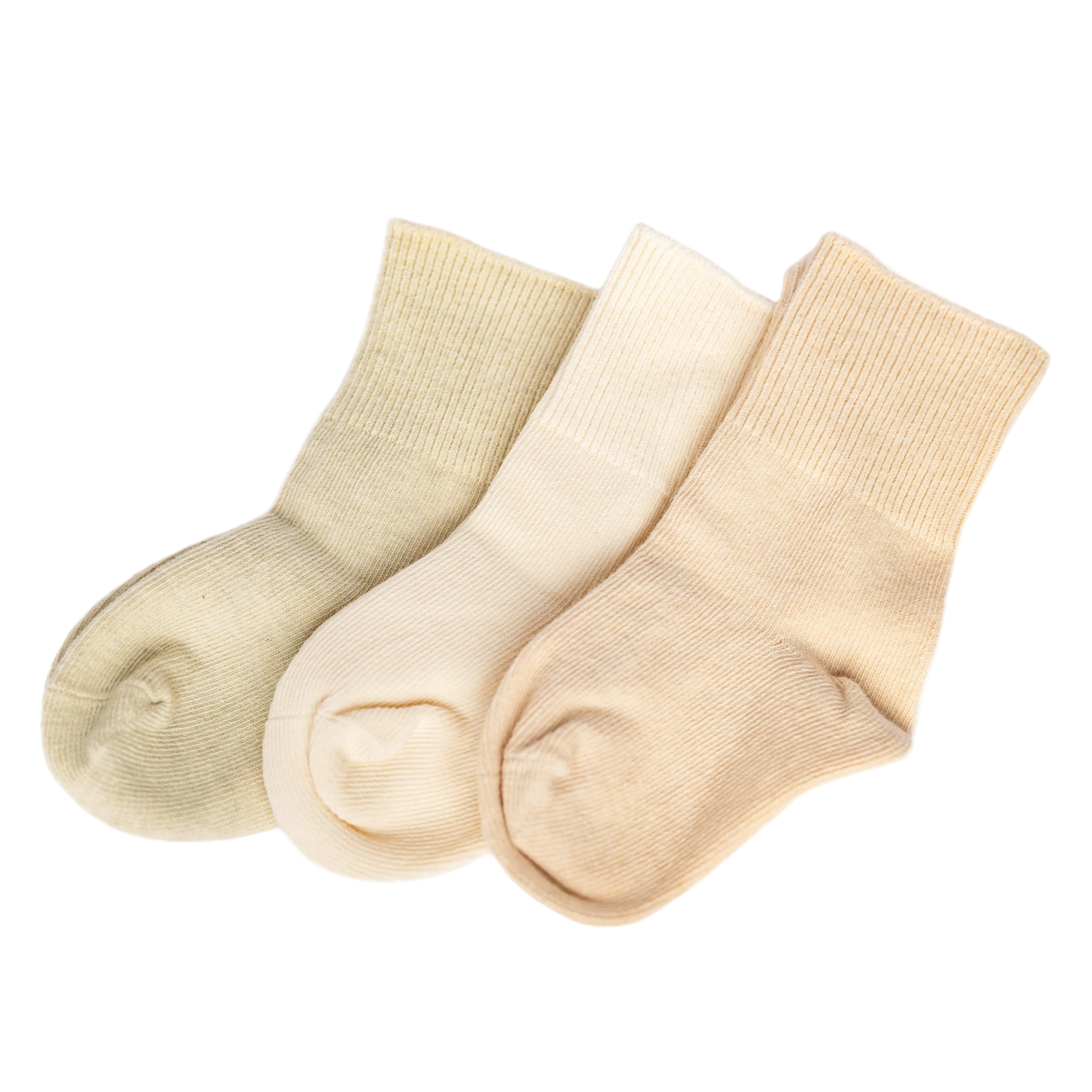 Three plain baby socks in beige, brown, and white colors, made of organic cotton, displayed together.