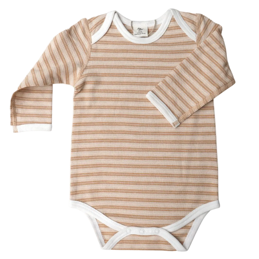 A long sleeve bodysuit with pique stripe pattern with envelope neckline and dome snaps.