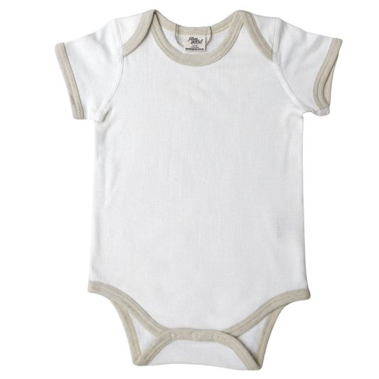 Organic cotton short sleeve bodysuit with contrast white trim for babies.