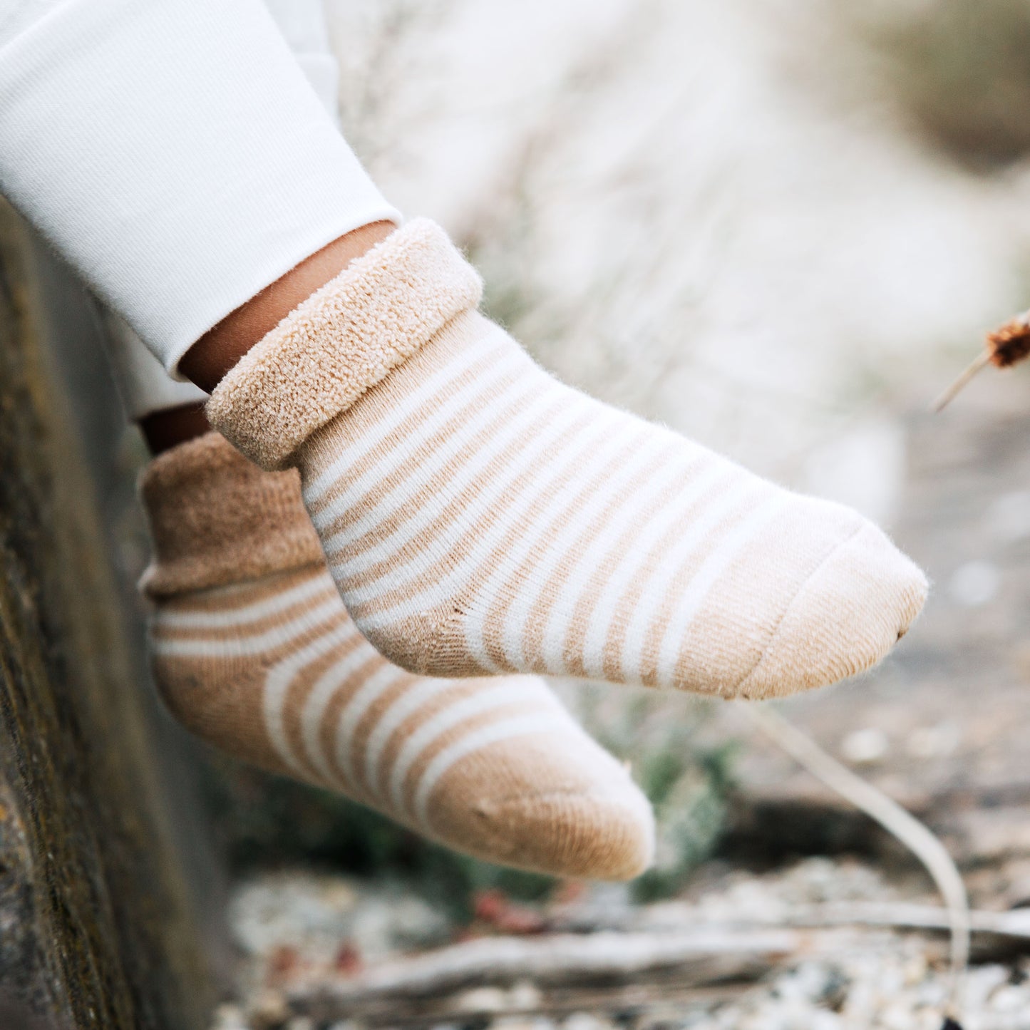 Baby in Striped Brown socks, Rolled back cuff
