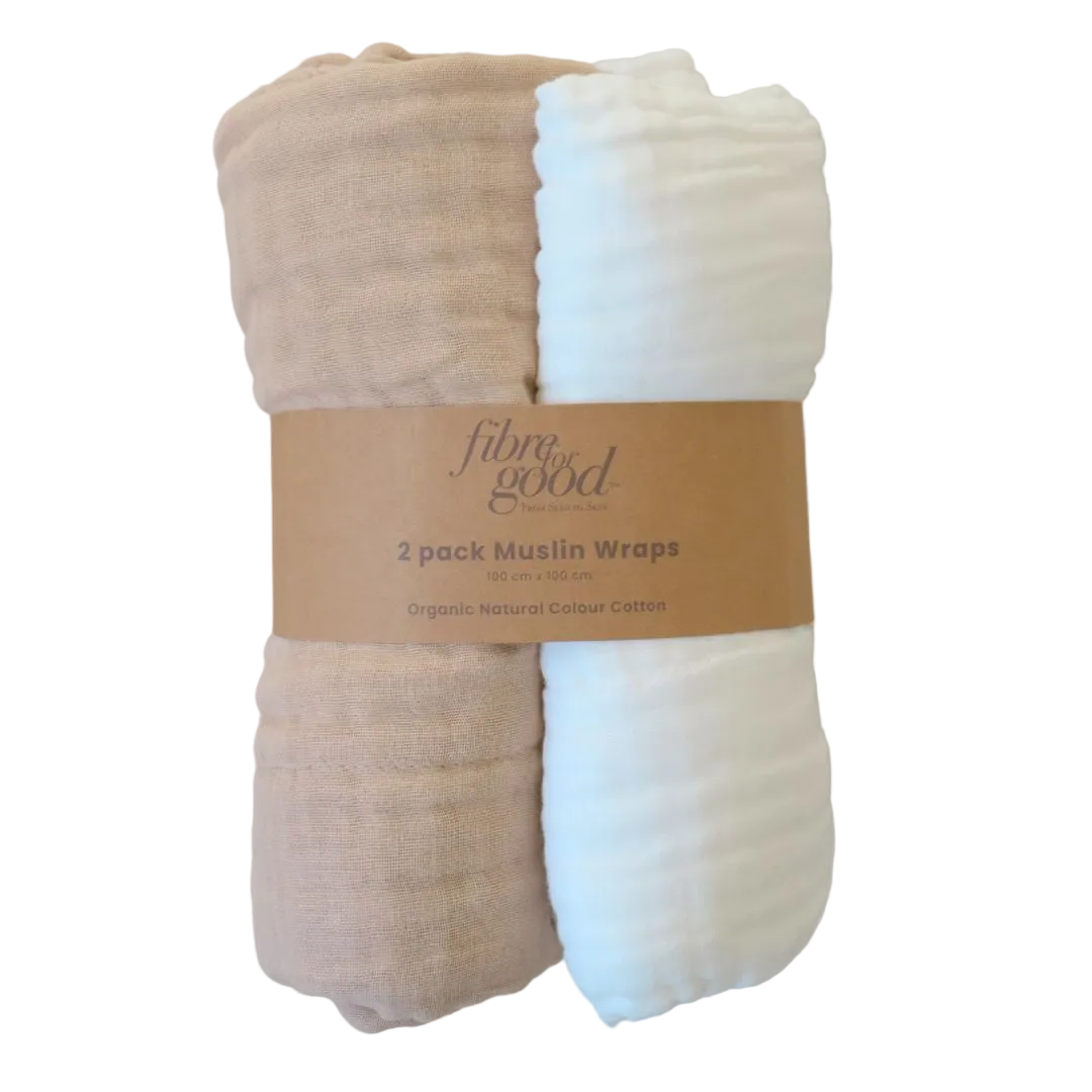 Two organic cotton muslin wraps in brown and white, packaged. Six layer multi functional 