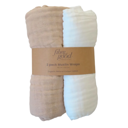 Two organic cotton muslin wraps in brown and white, packaged. Six layer multi functional 