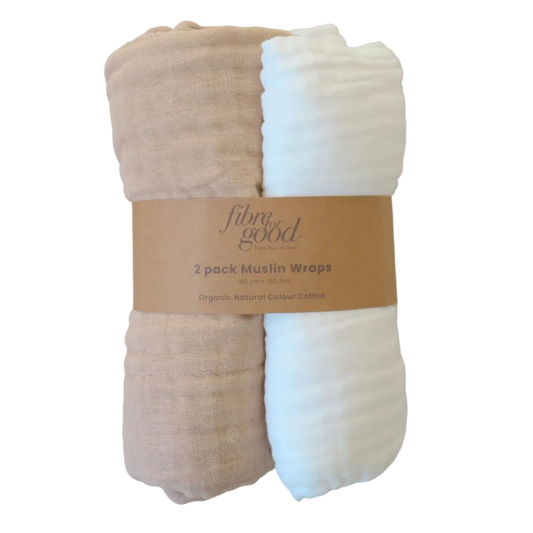Two organic cotton muslin wraps in brown and white, packaged. Six layer multi functional 