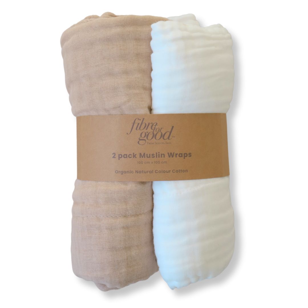 Two organic cotton muslin wraps in brown and white, packaged. Six layer multi functional 