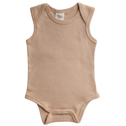 Beige baby bodysuit on a white background. Organic cotton. Undyed