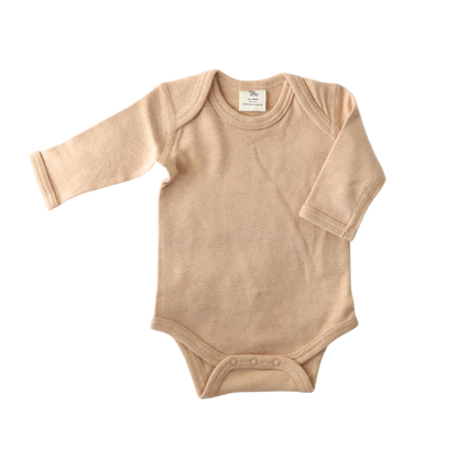 Brown wheat baby onesie with long sleeves on a white background