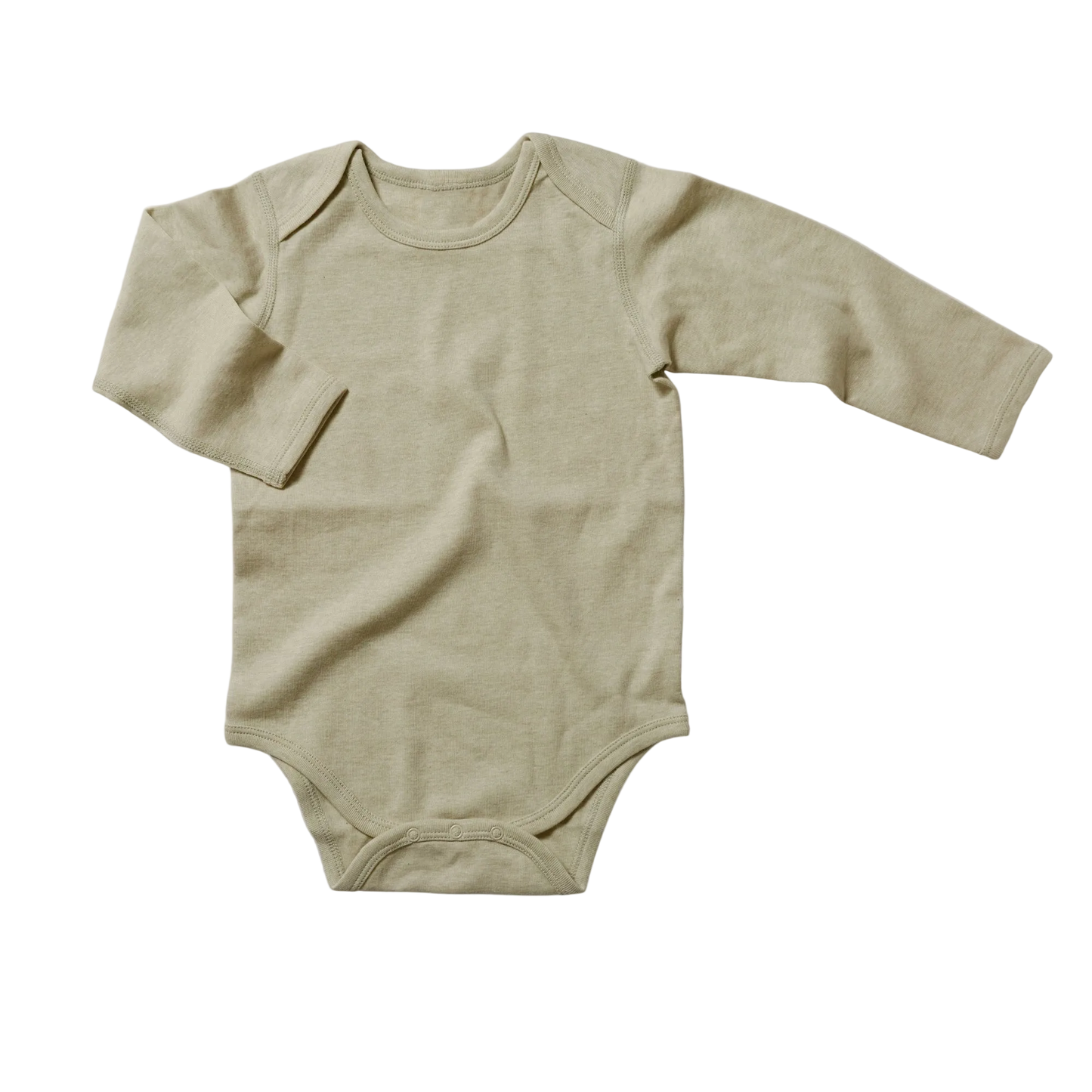 Sage green baby onesie with long sleeves on a white background