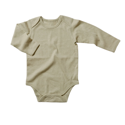 Sage green baby onesie with long sleeves on a white background