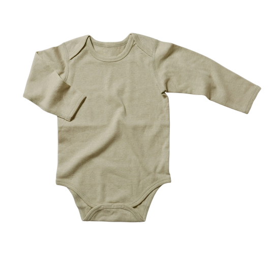 Sage green baby onesie with long sleeves on a white background