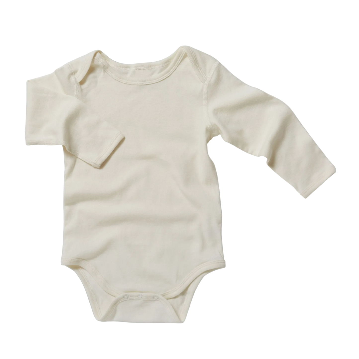 Natural White baby onesie with long sleeves on a white background