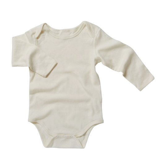 Natural White baby onesie with long sleeves on a white background