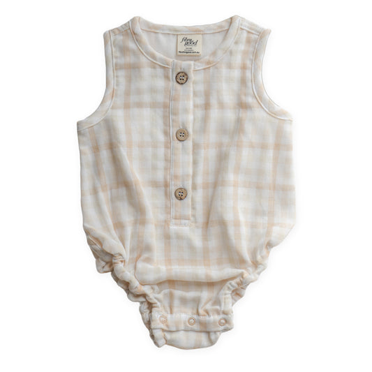 A sleeveless bodysuit with a gingham check pattern, featuring a Henley neck line and snaps at the bottom for closure.