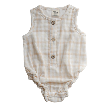 A sleeveless bodysuit with a gingham check pattern, featuring a Henley neck line and snaps at the bottom for closure.