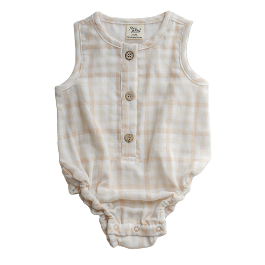 A sleeveless bodysuit with a gingham check pattern, featuring a Henley neck line and snaps at the bottom for closure.
