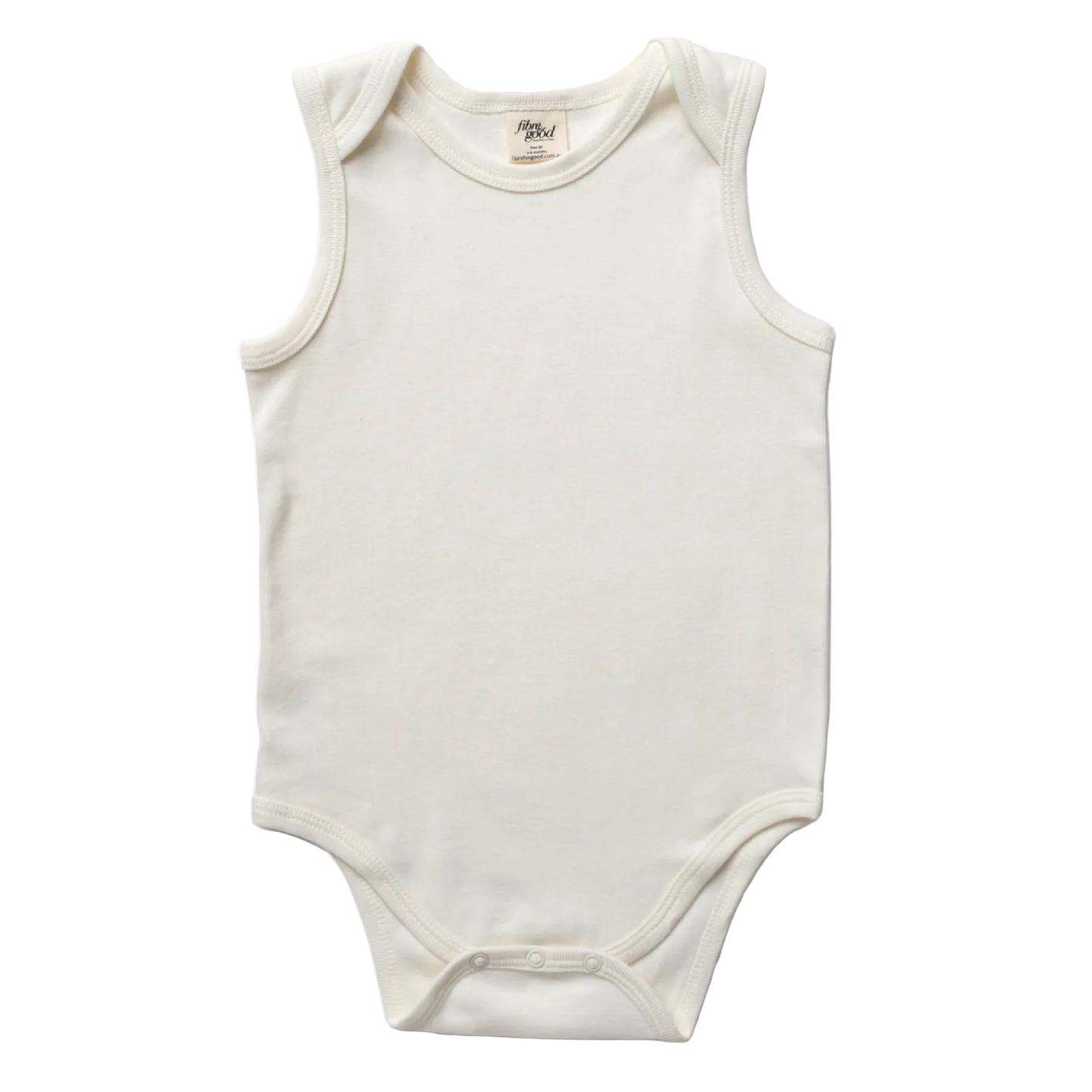 White sleeveless baby bodysuit on a white background. Organic cotton. Undyed