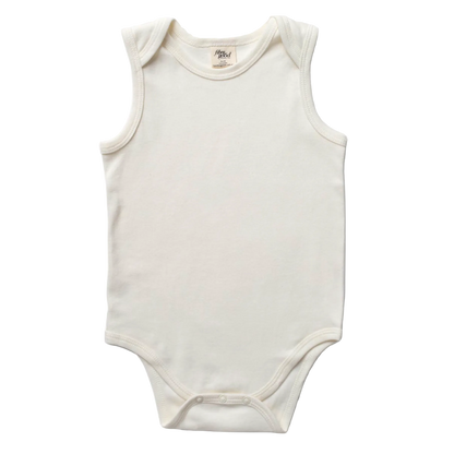 White sleeveless baby bodysuit on a white background. Organic cotton. Undyed