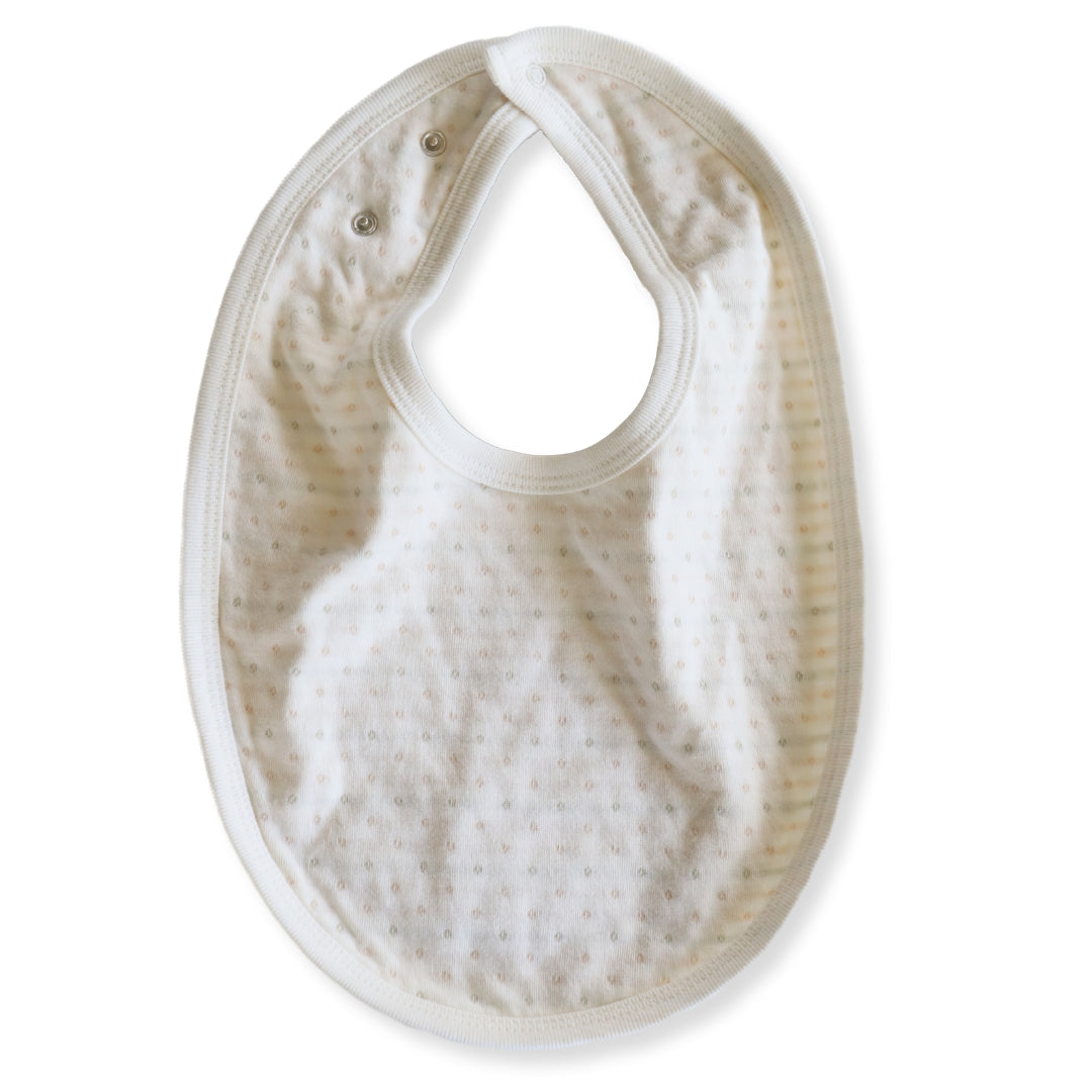 striped organic cotton baby bib with adjustable snaps.