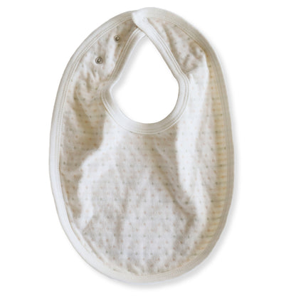 striped organic cotton baby bib with adjustable snaps.