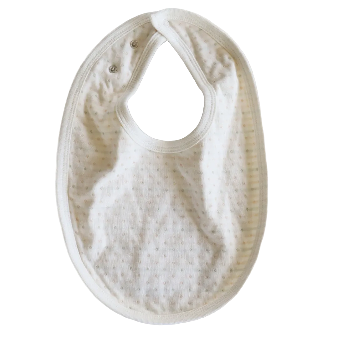 striped organic cotton baby bib with adjustable snaps.
