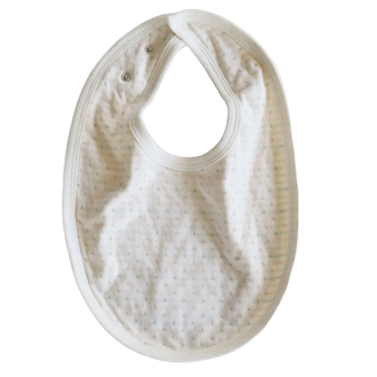 striped organic cotton baby bib with adjustable snaps.