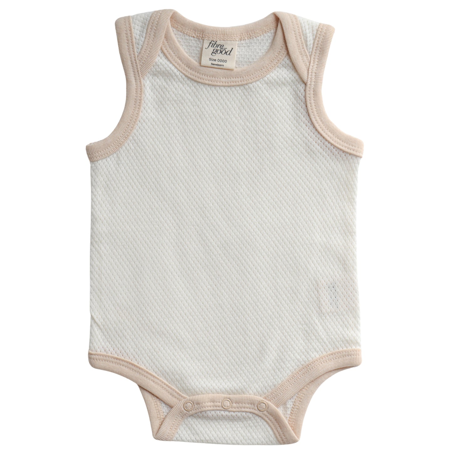 A sleeveless organic cotton mesh bodysuit for babies, with snap buttons at the bottom.
