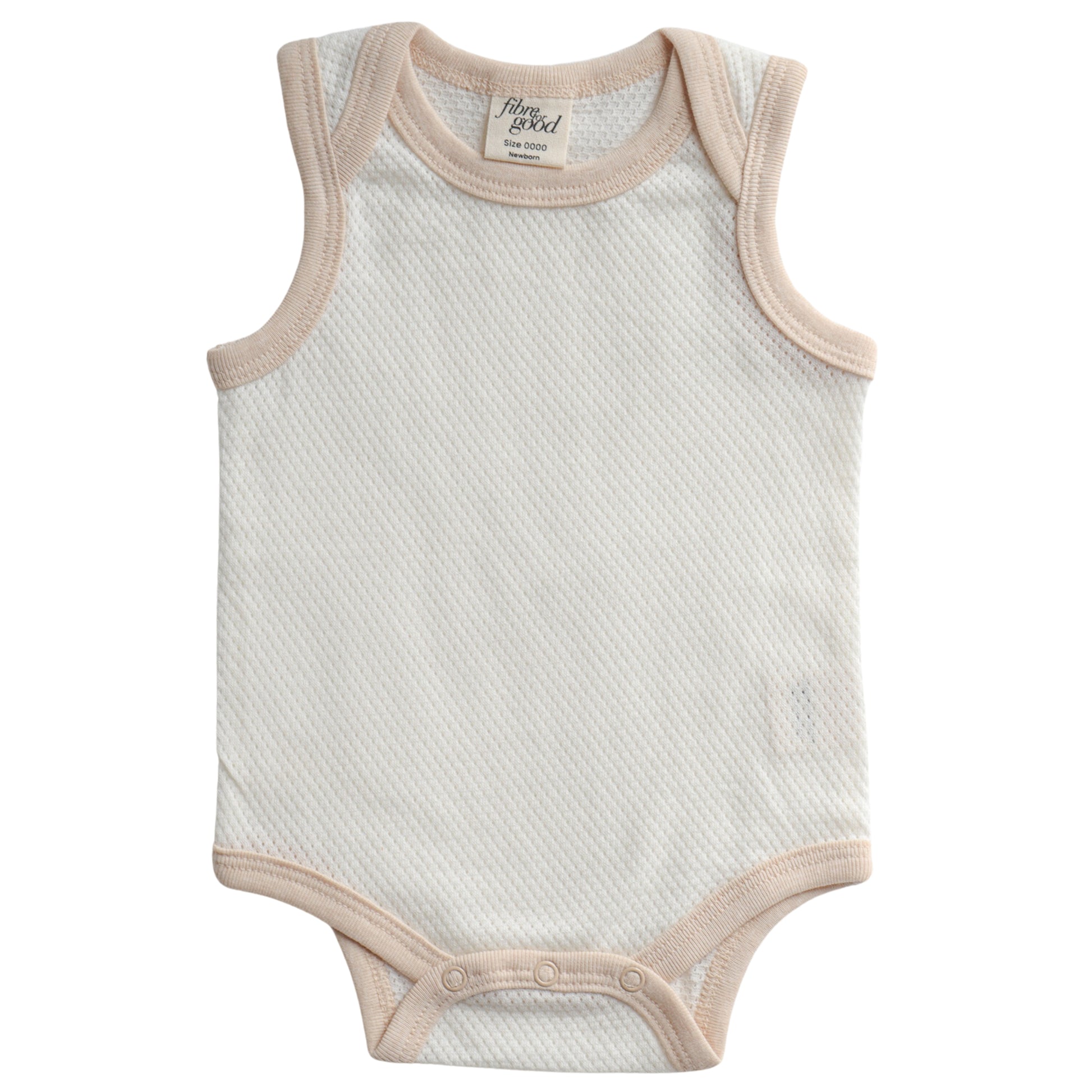 A sleeveless organic cotton mesh bodysuit for babies, with snap buttons at the bottom.