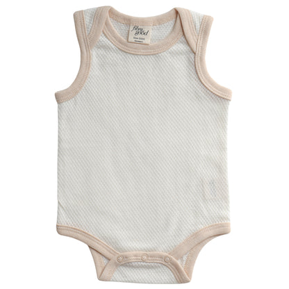 A sleeveless organic cotton mesh bodysuit for babies, with snap buttons at the bottom.
