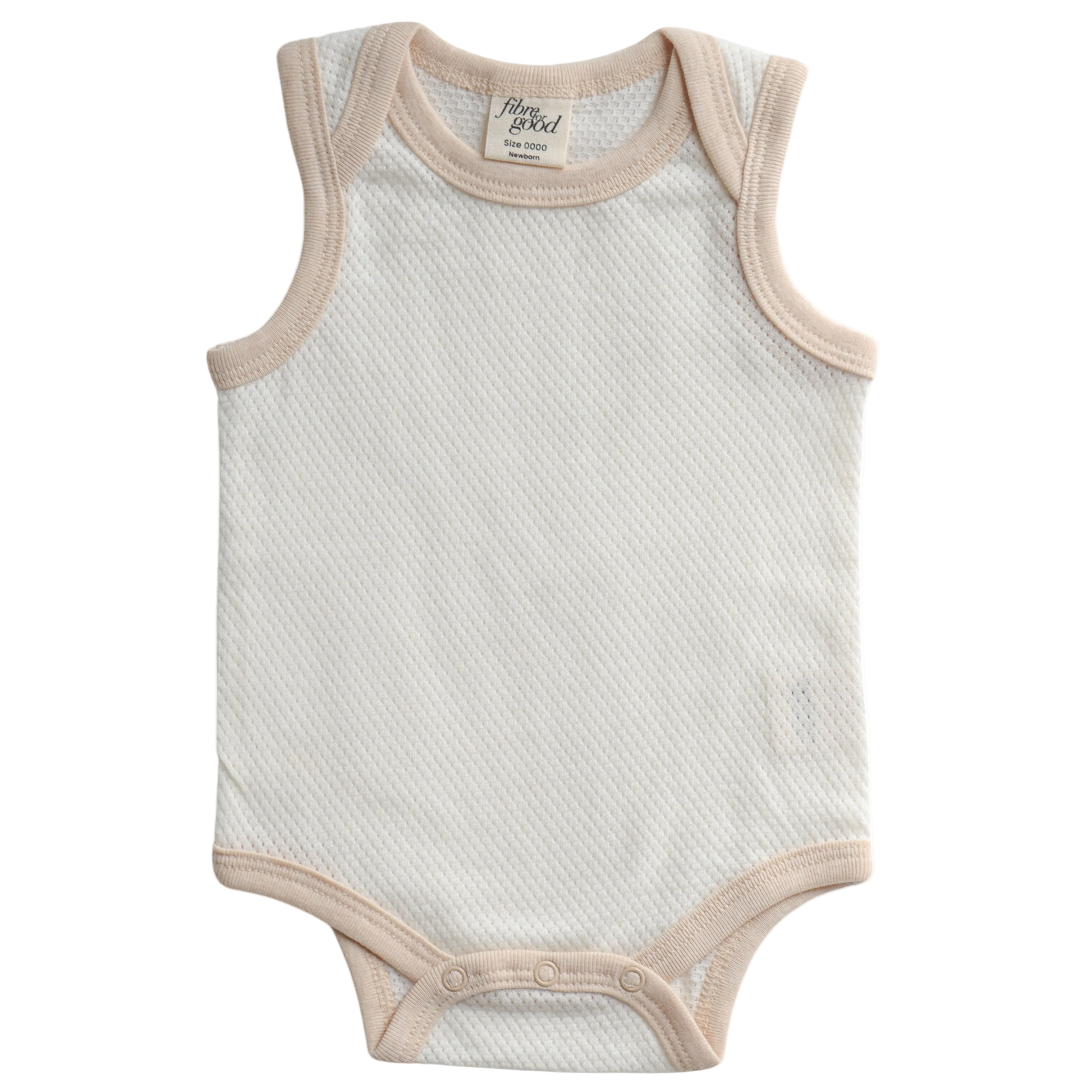 A sleeveless organic cotton mesh bodysuit for babies, with snap buttons at the bottom.
