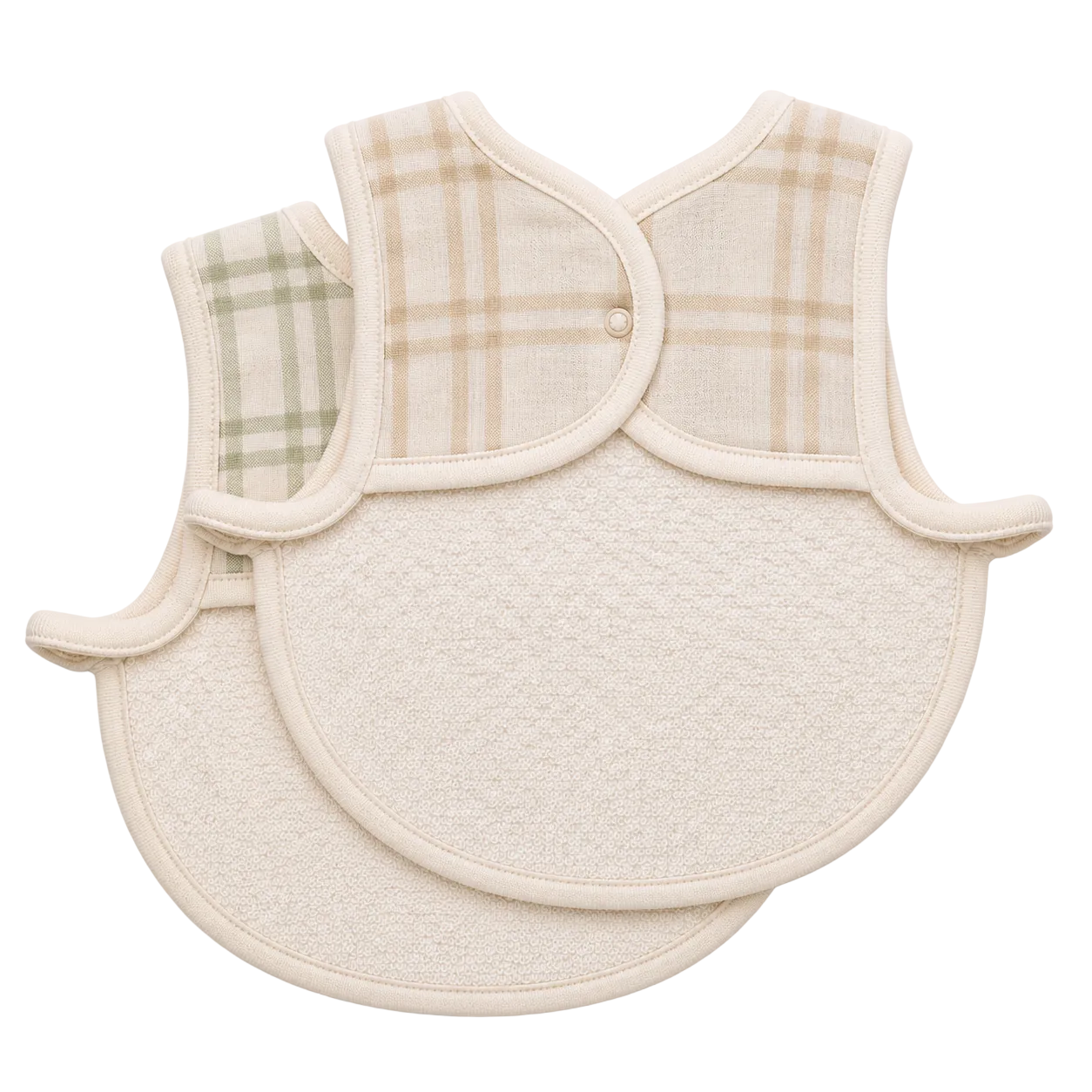 Two baby bibs with plaid and textured designs on a white background