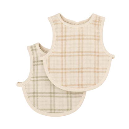 Two plaid baby bibs on a white background