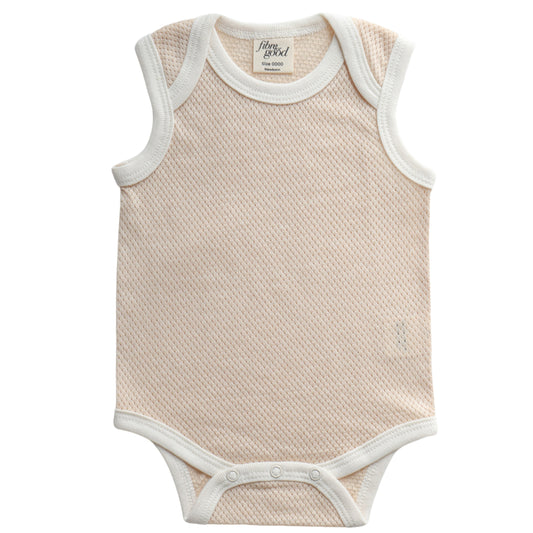 A sleeveless organic cotton mesh bodysuit for babies, with snap buttons at the bottom.