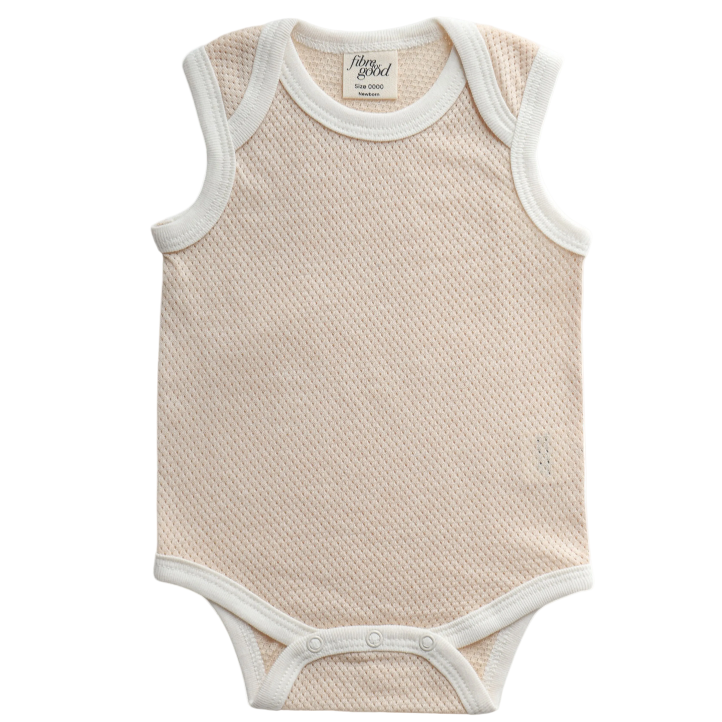 A sleeveless organic cotton mesh bodysuit for babies, with snap buttons at the bottom.