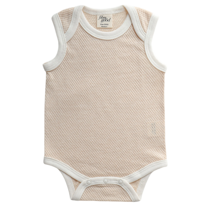 A sleeveless organic cotton mesh bodysuit for babies, with snap buttons at the bottom.