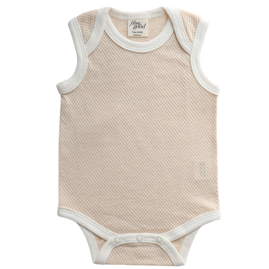A sleeveless organic cotton mesh bodysuit for babies, with snap buttons at the bottom.