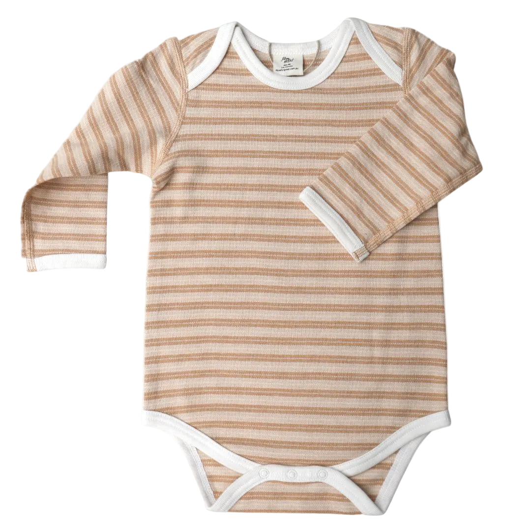 A long sleeve bodysuit with pique stripe pattern  with envelope neckline and dome snaps.