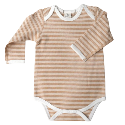 A long sleeve bodysuit with pique stripe pattern  with envelope neckline and dome snaps.