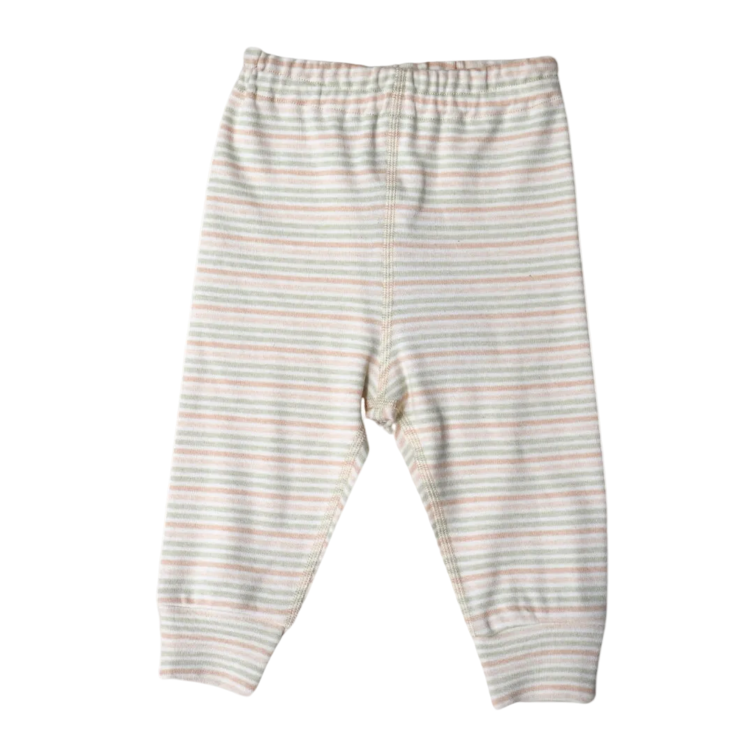 A pair of organic cotton multi striped long pants for babies.