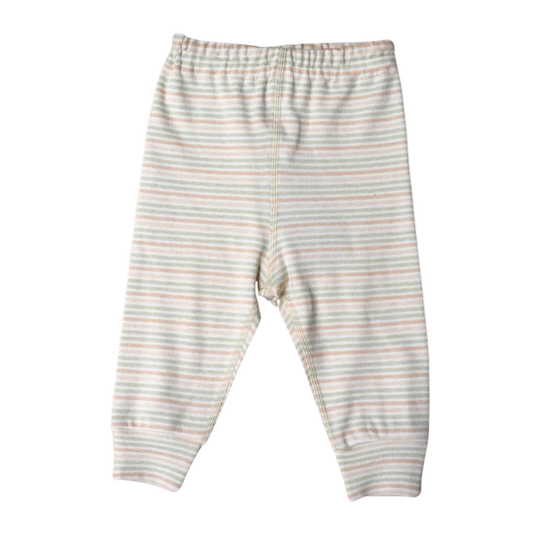A pair of organic cotton multi striped long pants for babies.