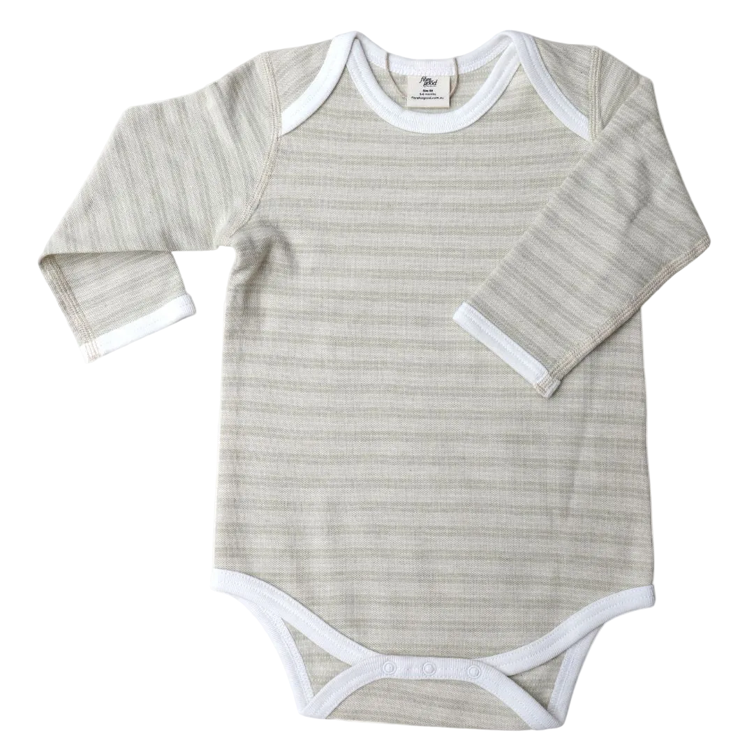 A long sleeve bodysuit with pique stripe pattern , with envelope neckline and dome snaps.