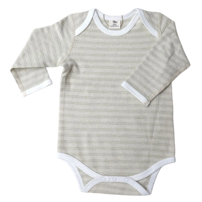 A long sleeve bodysuit with pique stripe pattern , with envelope neckline and dome snaps.