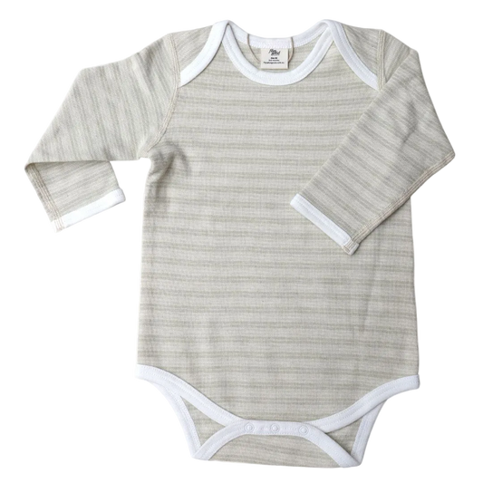 A long sleeve bodysuit with pique stripe pattern , with envelope neckline and dome snaps.