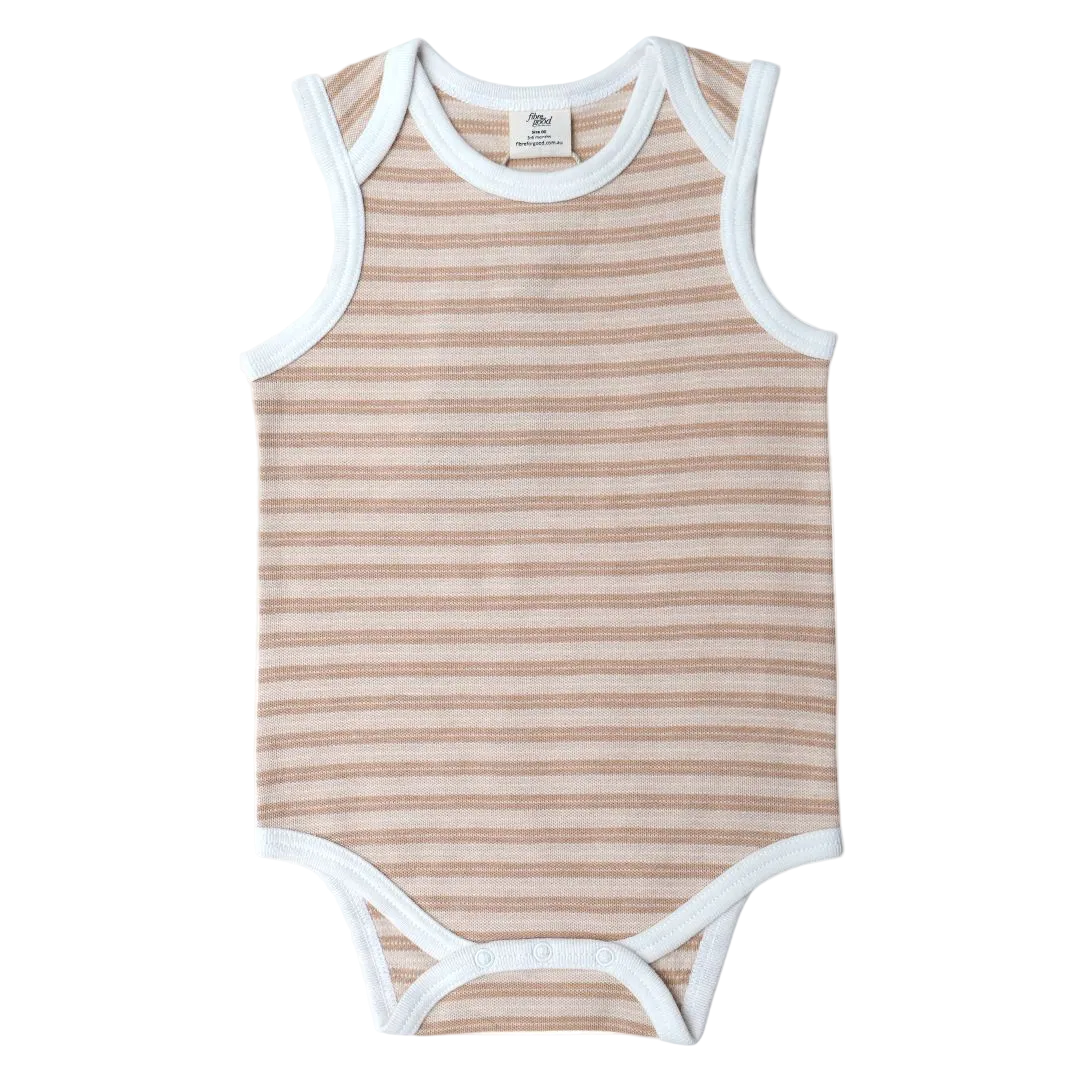 A sleeveless bodysuit with striped pattern and contrast binding in brown and white contrast 