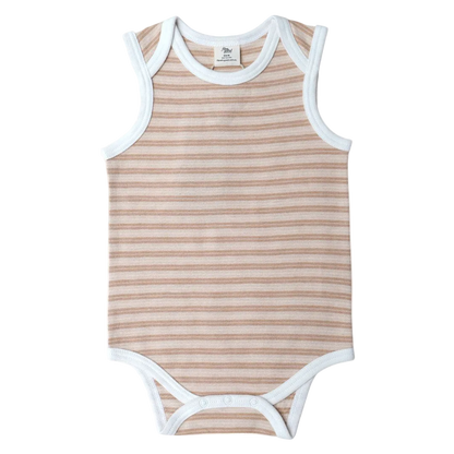 A sleeveless bodysuit with striped pattern and contrast binding in brown and white contrast 