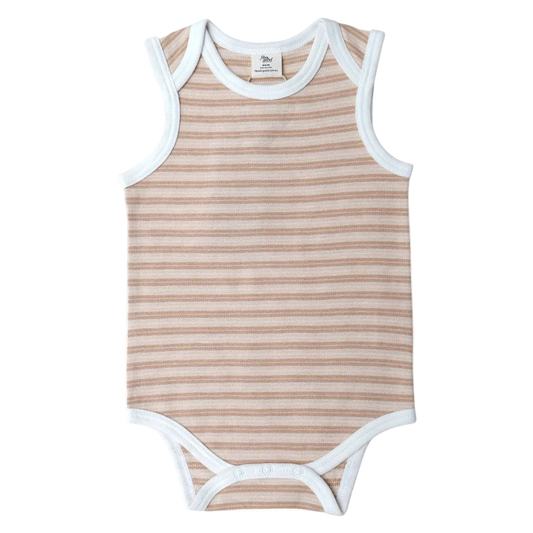 A sleeveless bodysuit with striped pattern and contrast binding in brown and white contrast 