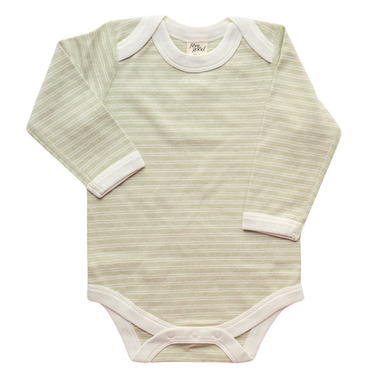 A long sleeve organic cotton bodysuit with double stripe detailing, unbleached undyed 