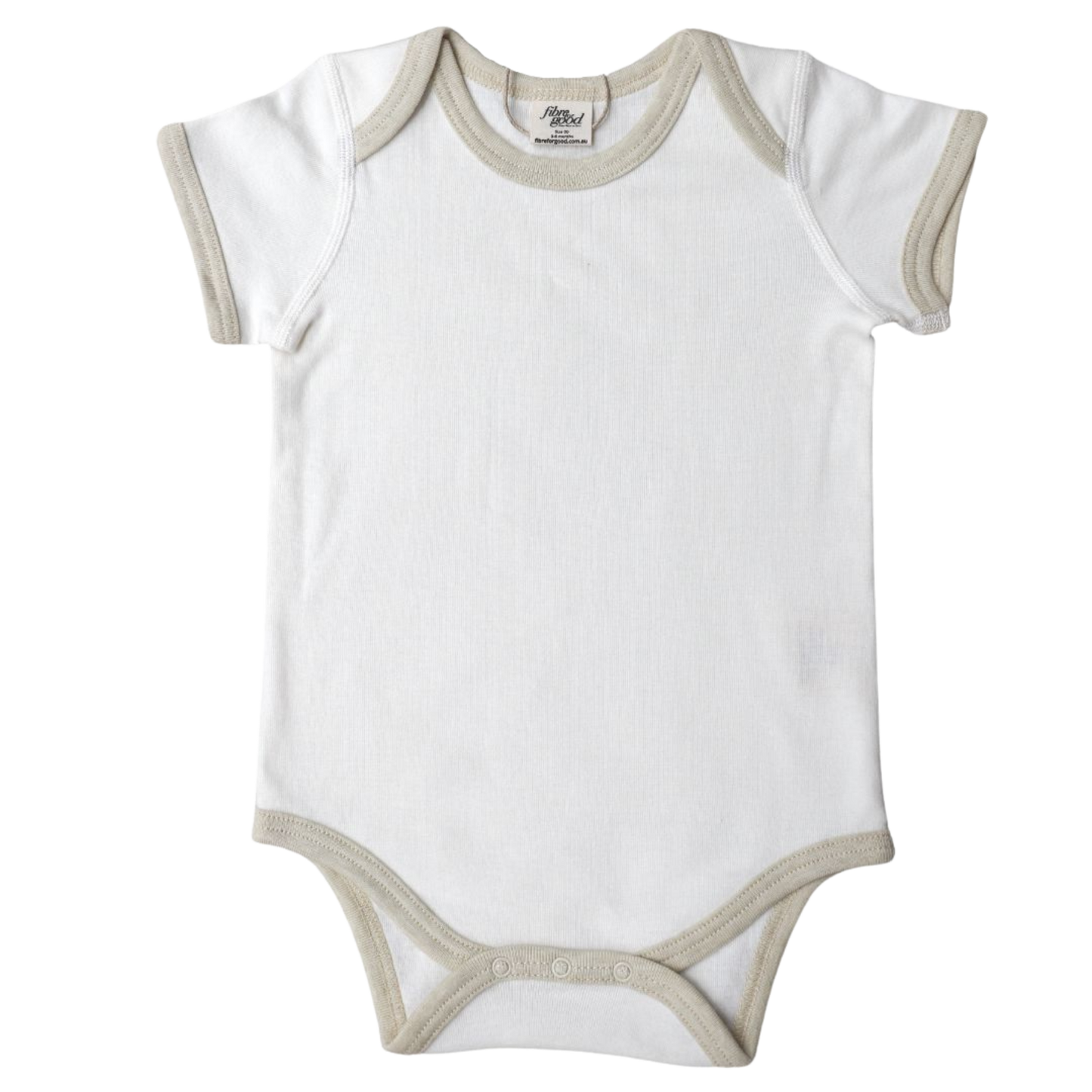 Organic cotton short sleeve bodysuit with contrast white trim for babies.