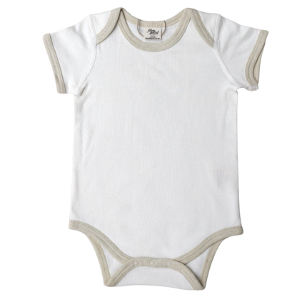 Organic cotton short sleeve bodysuit with contrast white trim for babies.
