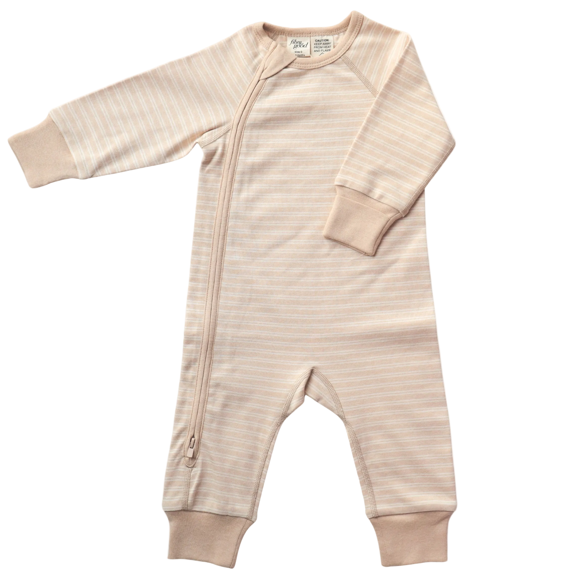 Beige striped baby onesie on a white background with zip