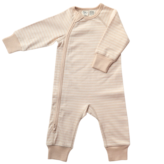 Beige striped baby onesie on a white background with zip