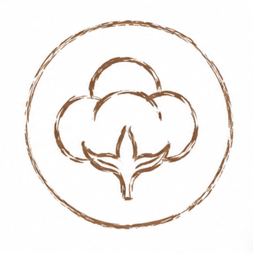 A brown cotton boll icon inside a circular frame on a white background.